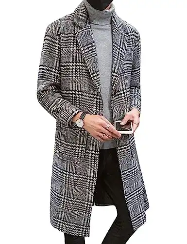 Men's Casual Notch Lapel Single Breasted Plaid Mid Long Trench Pea Coat